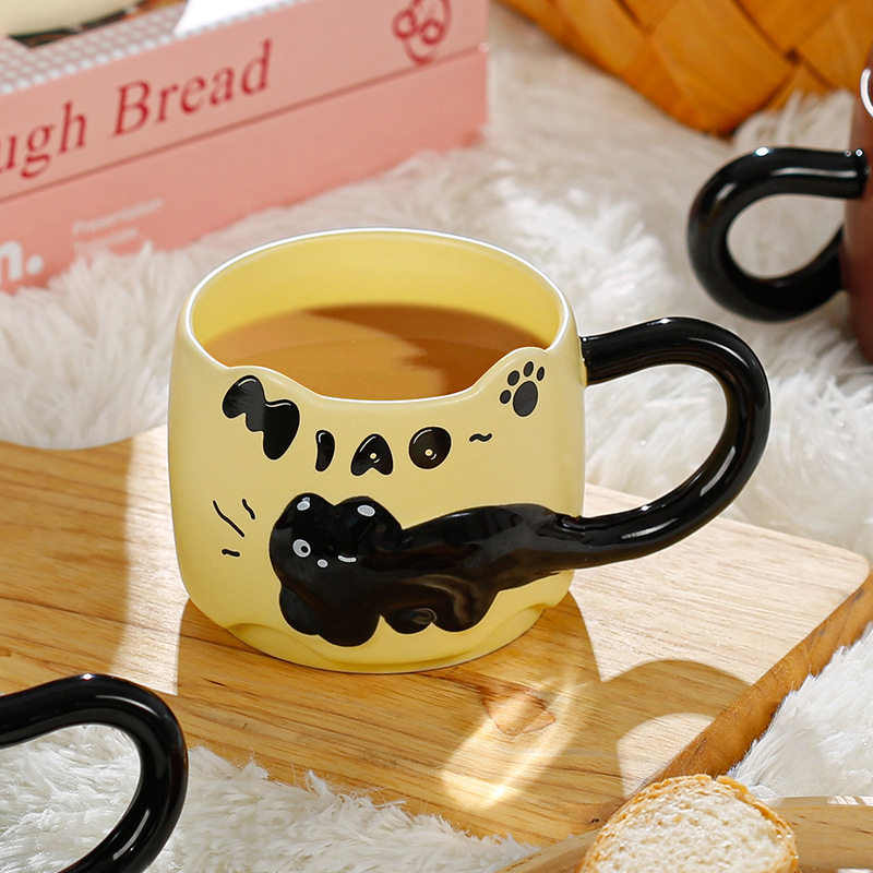 黑猫马克杯动物浮雕杯子大把手英文字母咖啡杯手绘陶瓷杯耐高温