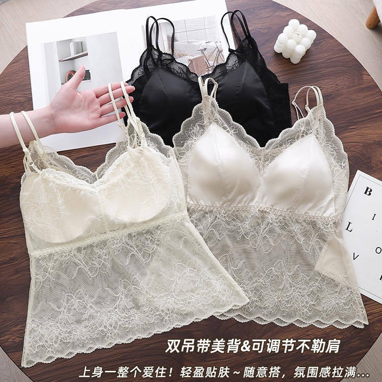 夏季v性感蕾丝吊带背心式带胸垫百搭美背内衣女免文胸外穿露背