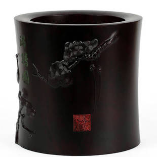 瑞鹤图紫檀木笔筒摆件大号 商务礼品红木雕刻手工艺品 实木质笔筒