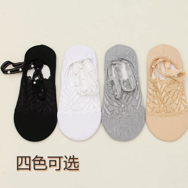 3双装 夏季薄款珍珠吊带船袜棉底隐形袜渔夫鞋深口蕾丝短袜不掉跟