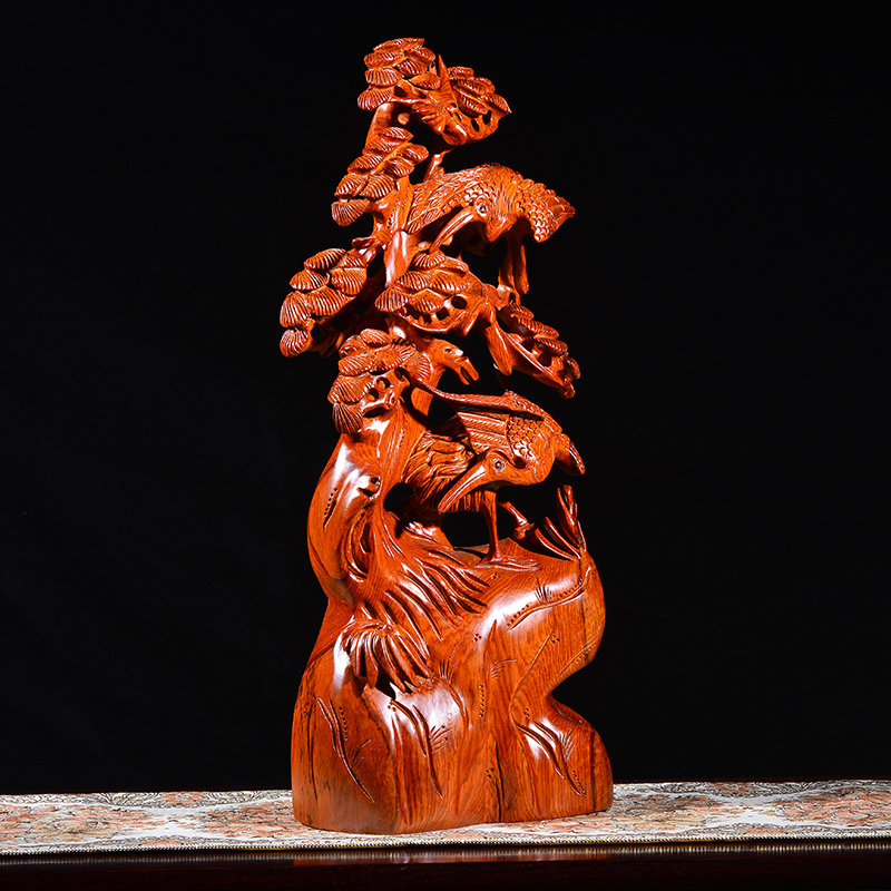 花梨木木雕松鹤延年摆件客厅装饰品雕刻工艺品实木雕花红木摆件