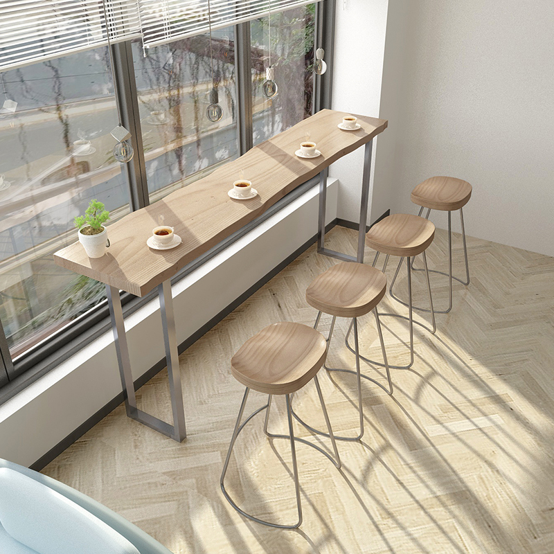 北欧实木吧台桌简约现代 家用靠墙窄桌高脚桌 奶茶店吧台桌椅组合