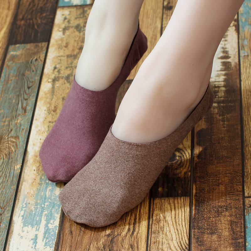 3双 秋冬磨毛隐形船袜保暖无痕一体雪纺绒短袜后跟贴片式硅胶袜子