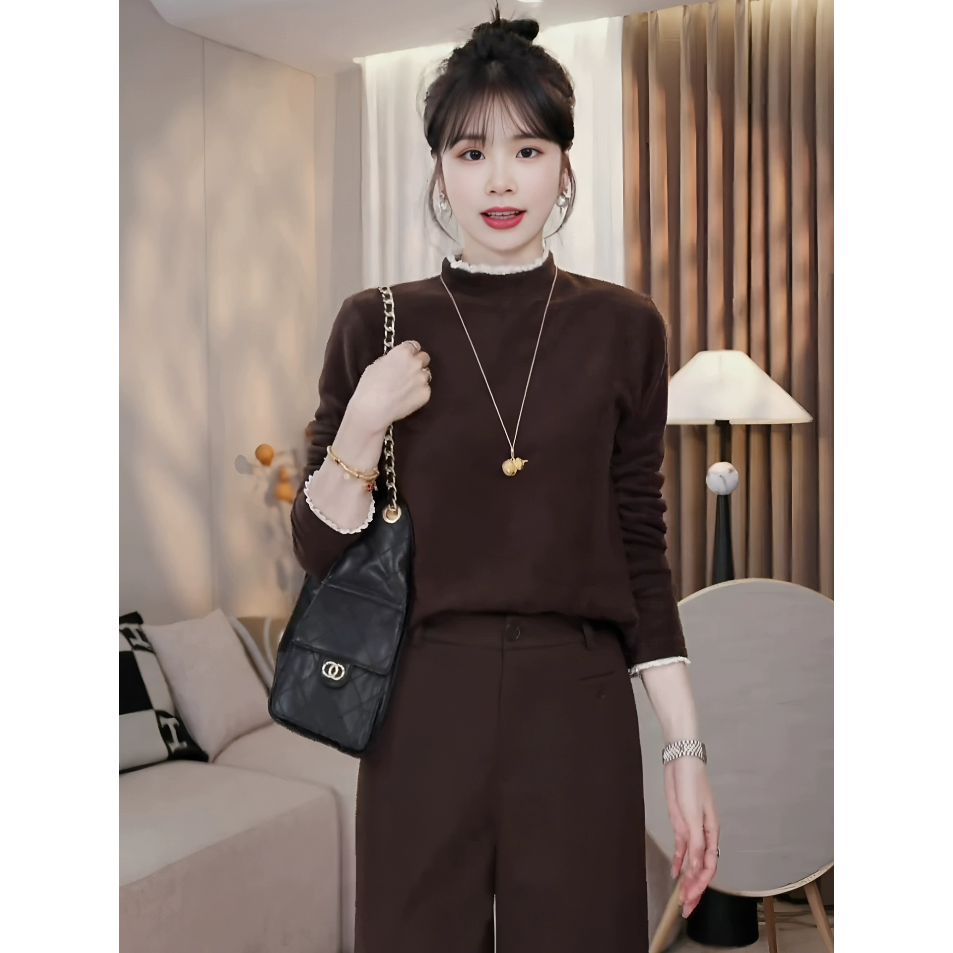 【松弛高级感】秋冬蕾丝边圆领半高领打底衫上衣休闲优雅百搭