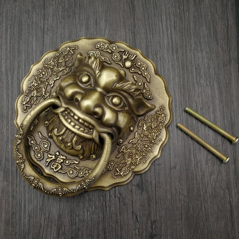 大门拉手兽头门环纯黄铜狮子头铜拉手铜拉环仿古虎头木门古铜配件