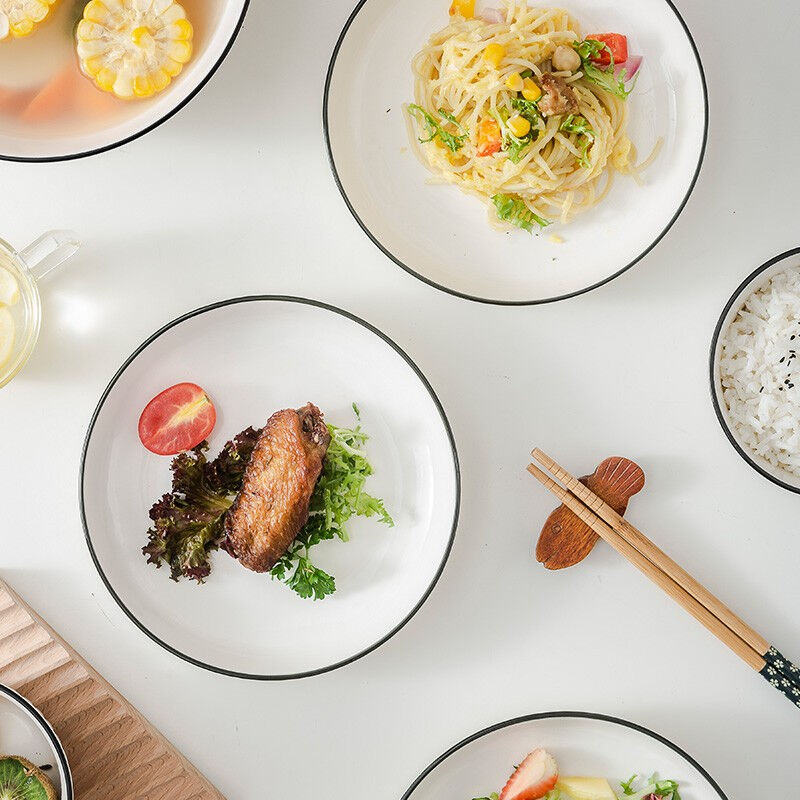 北欧风釉下彩碗碟套装家用简约陶瓷餐具微波炉适用黑线竖纹4人食