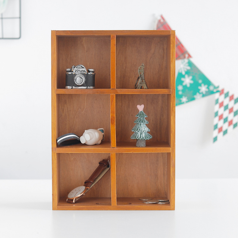 zakka日式复古做旧六格木制首饰整理盒 创意化妆品收纳盒杂物整理
