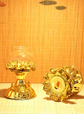 合金镀铜莲花酥油灯座 防风佛前佛灯酥油蜡烛台佛灯灯架底座