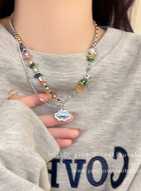 新中式彩色项链童趣串珠笑脸吊坠女款轻奢小众装饰卫衣链甜美百搭