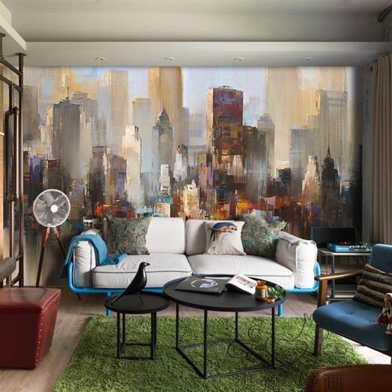 3d个性壁纸抽象复古客厅墙布沙发壁纸北欧艺术壁纸油画城市