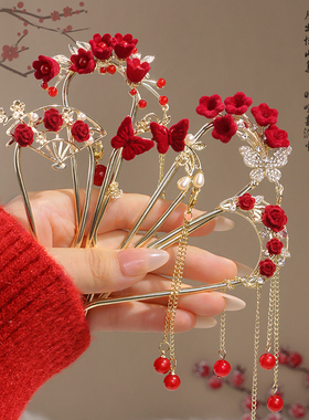 新款红色玫瑰花U型发簪女植绒盘发簪子现代简约新娘发钗头饰发饰