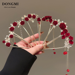 新娘马面裙头饰新中式红色发簪女2025年新款订婚秀禾服古风盘发钗