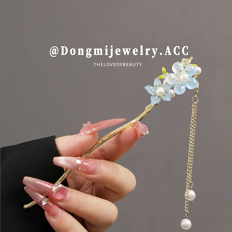 蓝色桃花流苏春夏古风发簪盘发钗