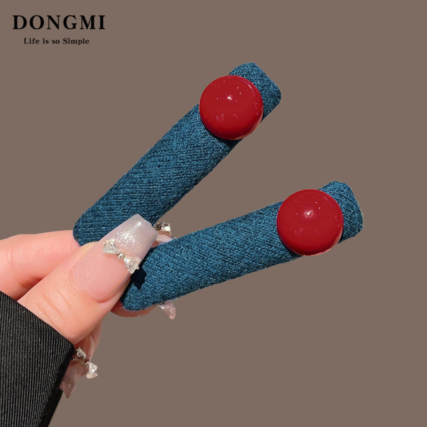 红珠子撞色发夹小众蓝色侧边夹