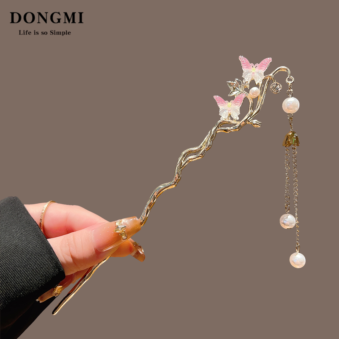 粉色蝴蝶流苏发簪盘发簪子头饰