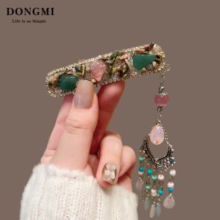 新中式 高端粉钻刘海侧边夹bb夹子头饰 复古绿色流苏发夹女2025新款