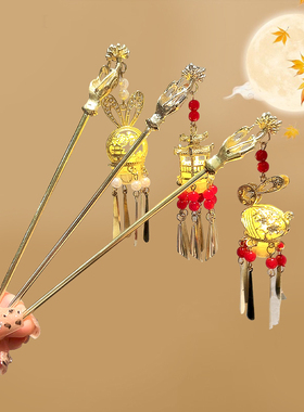 会发光的宫灯发簪女红色新年古风汉服发钗高级感凉亭兔子灯笼簪子