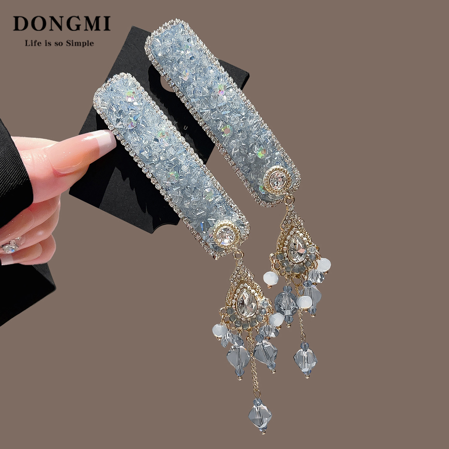 高级感重工蓝色满钻流苏发夹女水晶侧边刘海夹时尚民族风bb夹发饰