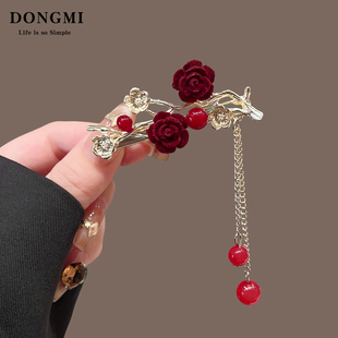 红色流苏发夹女后脑勺2026新款发卡新中式订婚结婚新娘敬酒服头饰