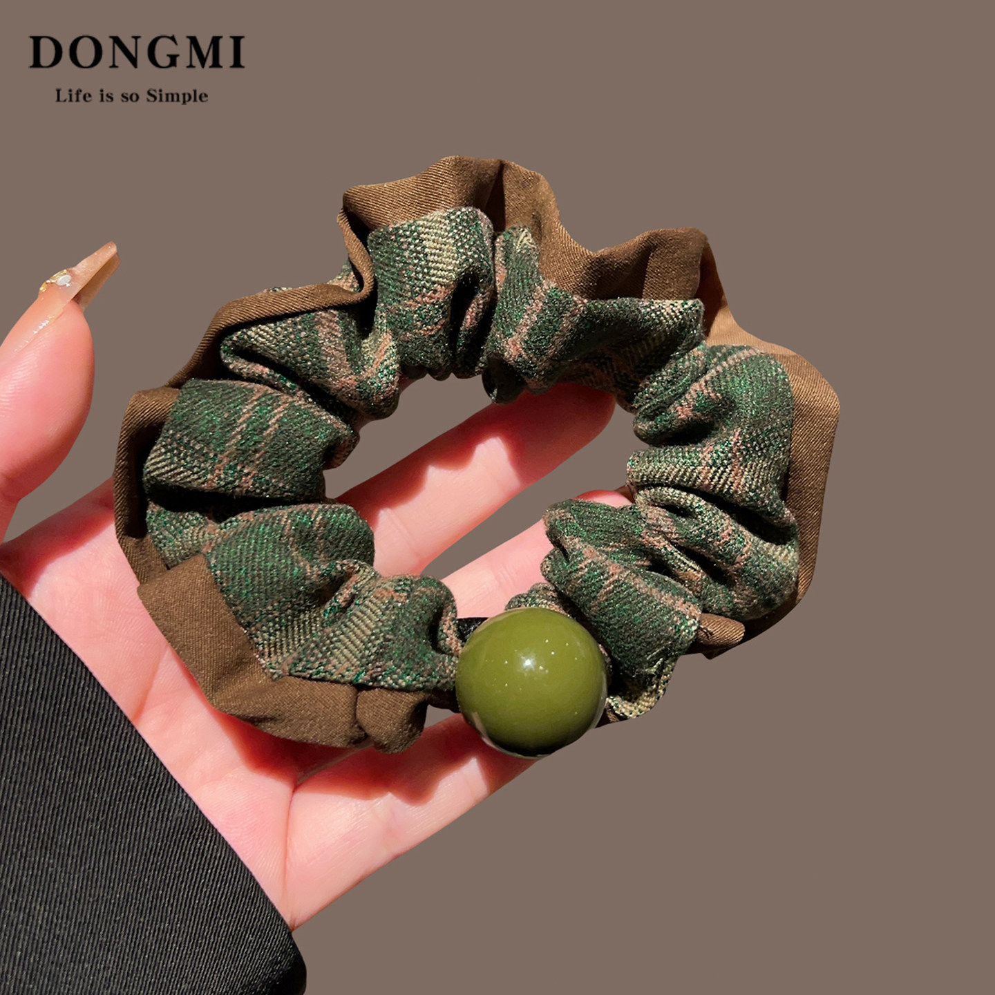 韩系小众高马尾发圈女高级感洋气时尚复古绿格子头绳扎头皮筋发饰