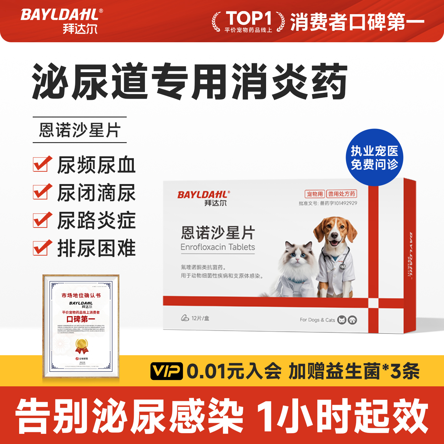 【恩诺】拜达尔恩诺沙星片宠物猫咪狗狗尿血尿闭尿路感染排尿困难
