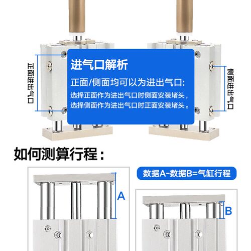 极速行程可调带导杆三轴三杆气缸MGPM12/16/20/20/25/30/40-20-50