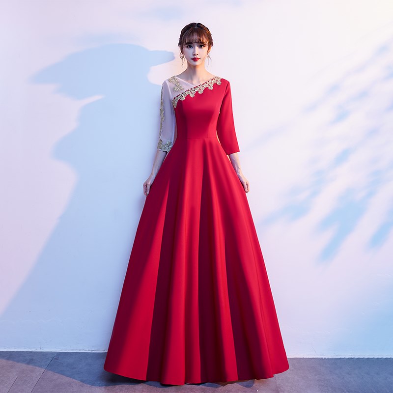 好货红歌合唱服成人朗诵表演服中国风大合唱团演出服女长裙主持指