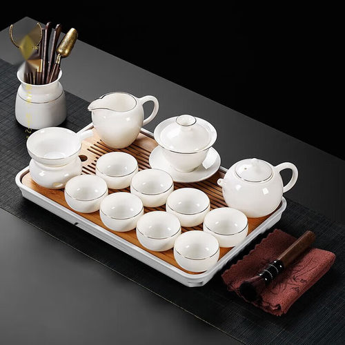 极速盖碗茶具套组家用德化白瓷全套羊脂玉瓷茶壶杯茶盘一整套竹制