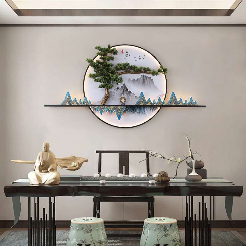 创意个性禅意新中式壁画灯茶室圆形楼梯装饰挂画带灯玄关入户灯具图片