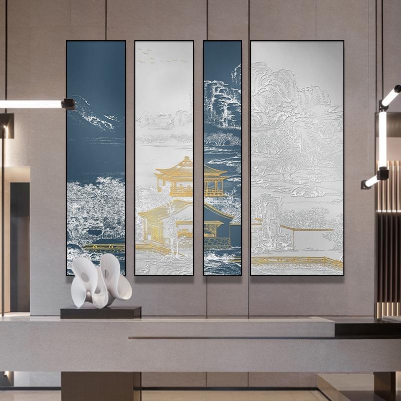 新中式装饰画中堂画客厅酒店四联挂画组合茶室棋牌室阁楼壁画国画