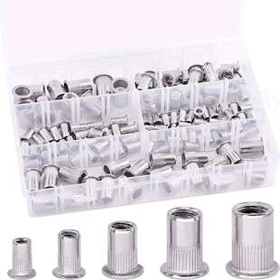 跨境130PCS盒装5种尺寸/英制 304不锈钢铆钉螺纹平头拉铆螺母