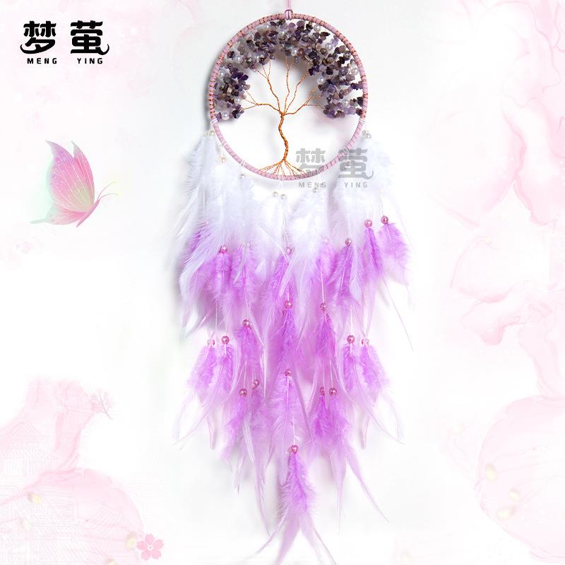 高档生命之树捕梦网水晶石风铃房间挂饰羽毛装饰品 跨境新款