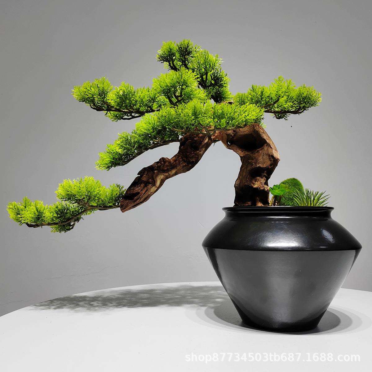 新中式仿真迎客松盆景摆件酒店办公室客厅罗汉松绿植造景软装饰品