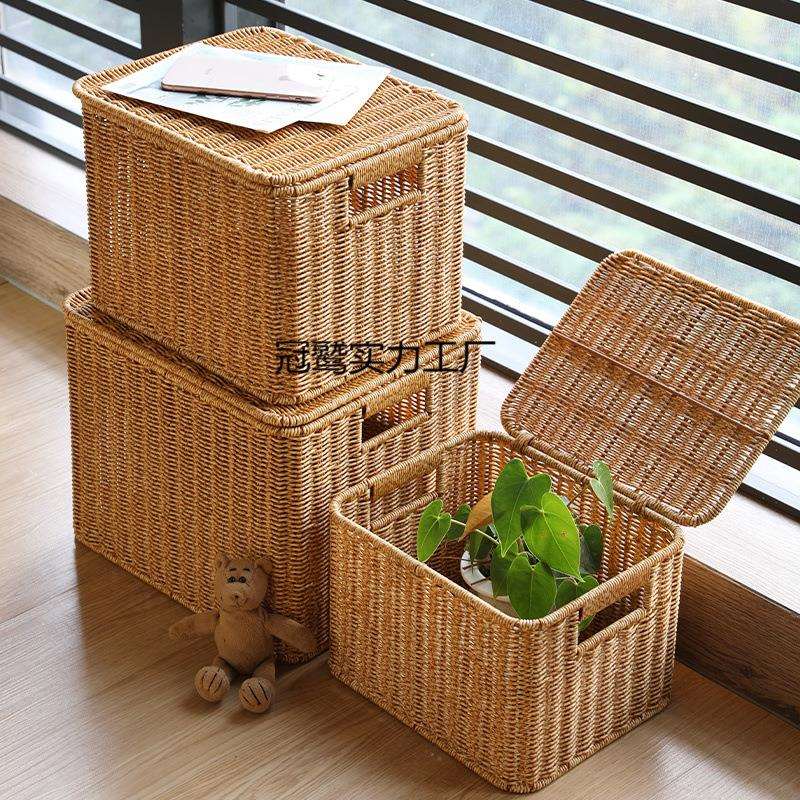 家用大号仿藤编织筐北欧宿舍衣橱格子衣橱柜置物篮杂物车载收纳盒