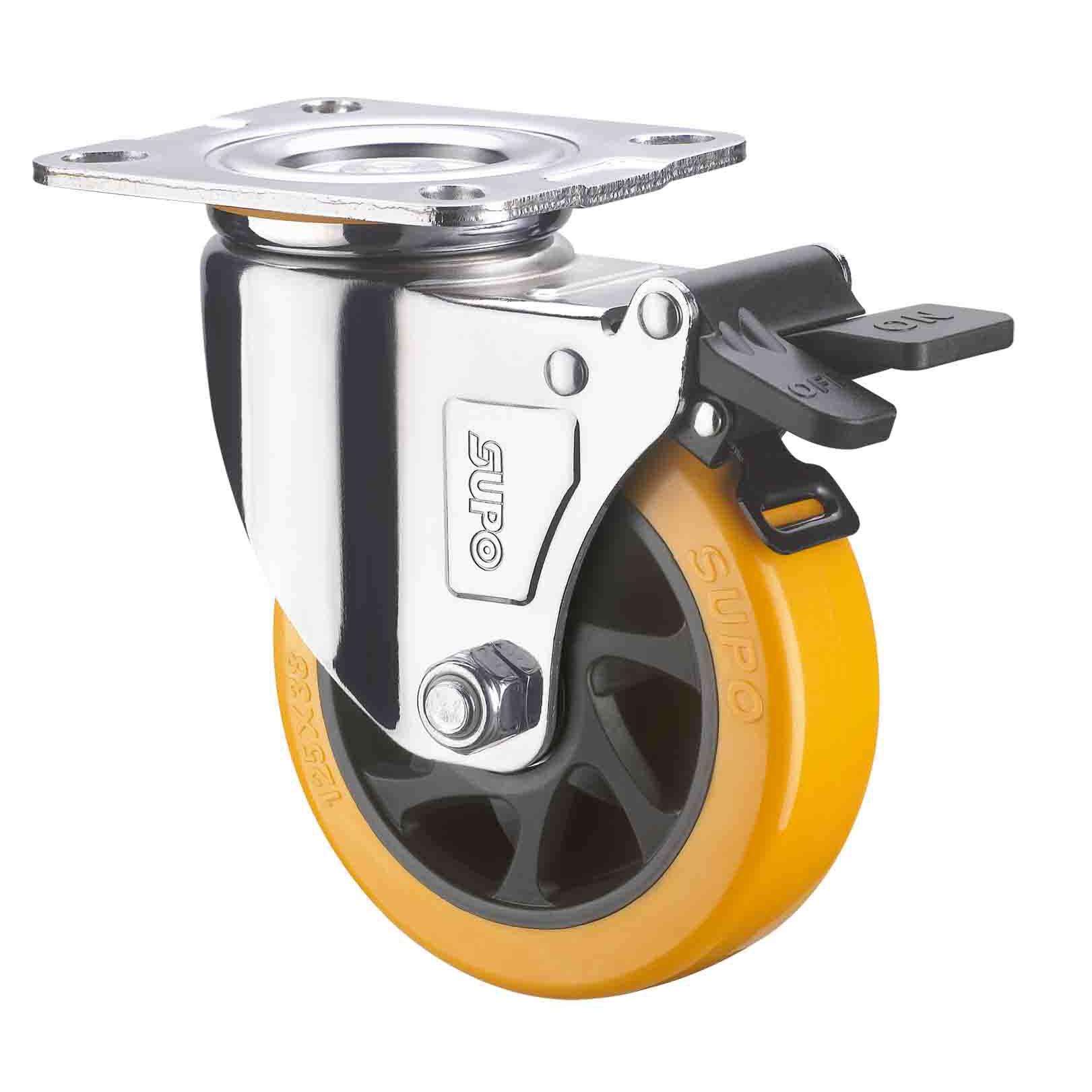 SUPO向荣动力4寸带双刹车橙色PU聚氨酯万向脚轮 C05S-01D-100-222