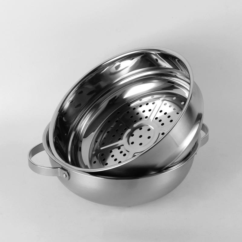 家用不锈钢玻璃盖双层汤蒸锅现代简约不粘锅复底带蒸格透明汤锅