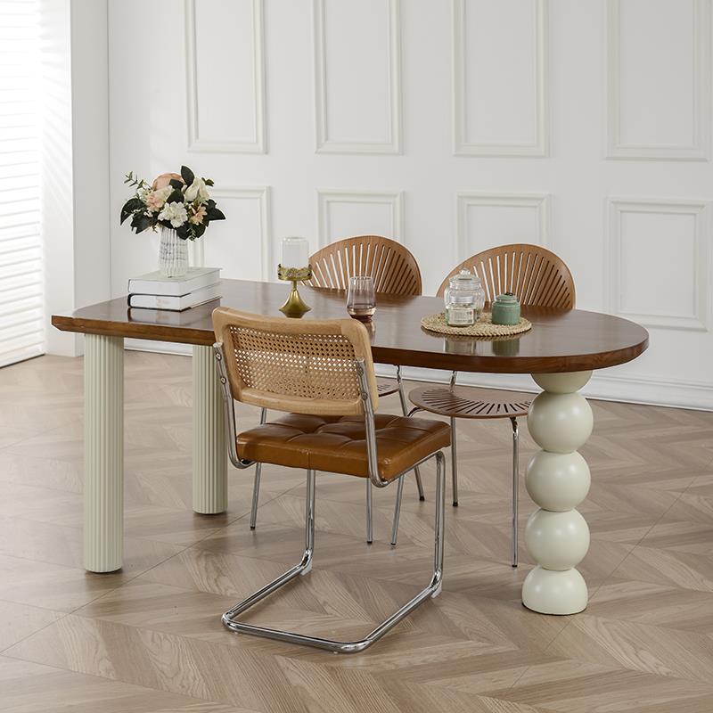 法式实木餐桌简约家用靠墙原木奶油风半椭圆形岛台饭桌书桌小户型