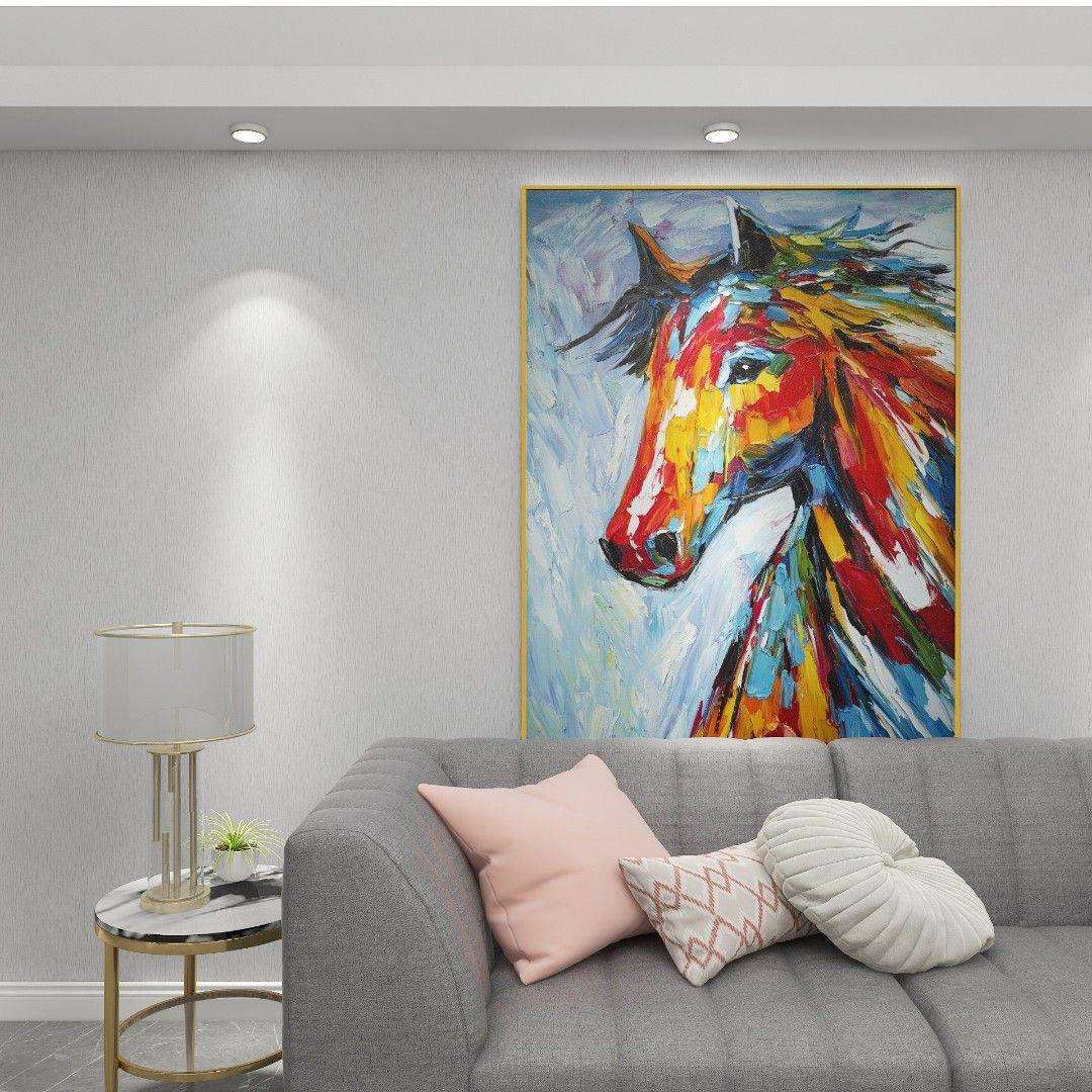 玄关画装饰画手工油画风格骏马图客厅挂画铝合金边框马80120