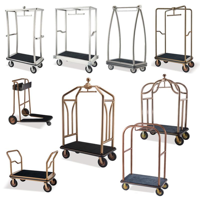 星级酒店大堂行李服务车不锈钢玫瑰金行李车手推散客箱包车
