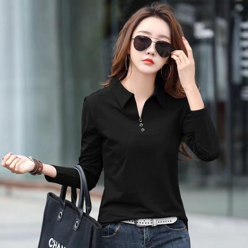 纯色大码女装长袖POLO领修身显瘦简约外穿T恤女打底衫春装新款