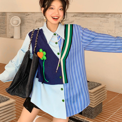 S1420条纹蓝色拼色花朵衬衣女宽松大码秋季新款衬衫原创女装厂家