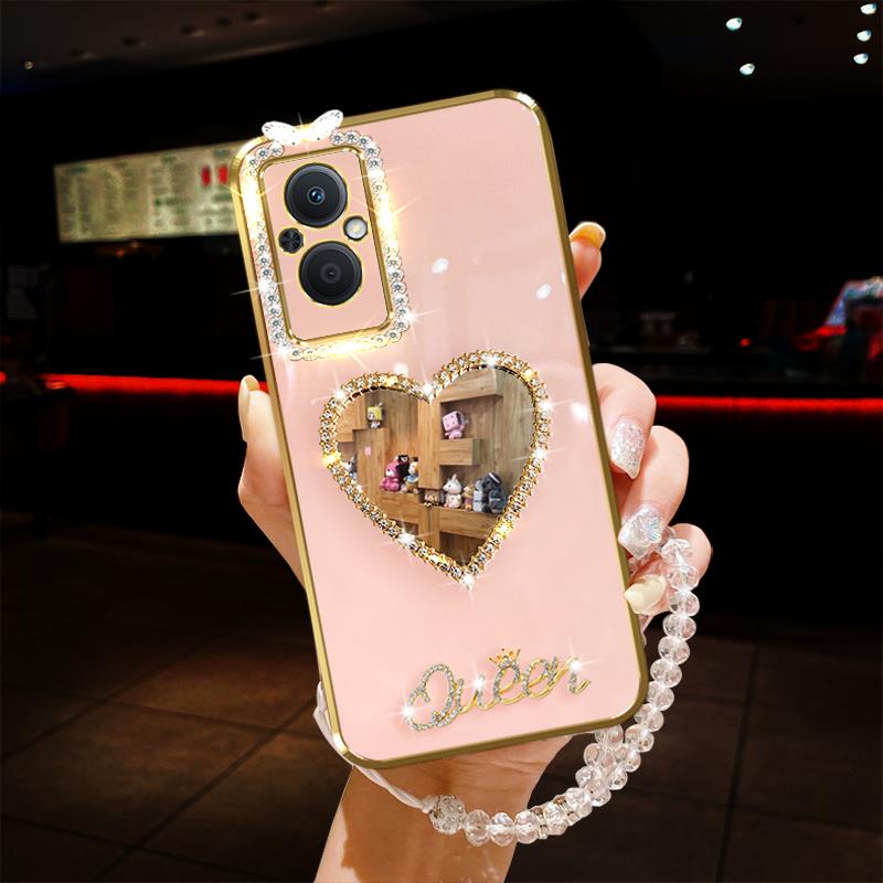 适用OPPO A96手机壳A36闪镶钻A55S爱心补化妆镜子A52手链A53挂绳A55全包镜头精孔A92S女新款A93S软防摔保护套
