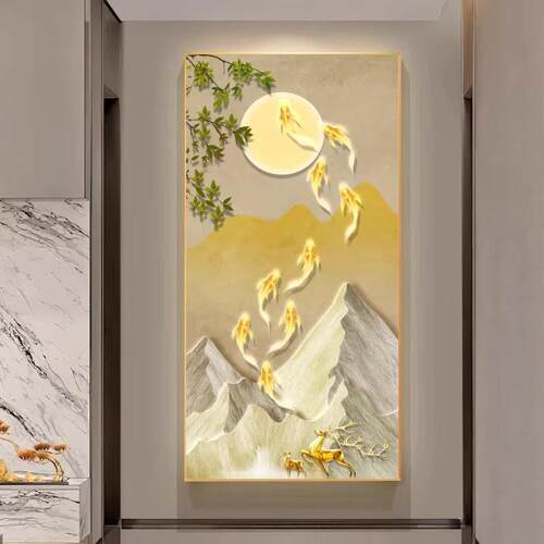九鱼图轻奢led灯入户玄关装饰画走廊过道挂画壁画简约现代高级感
