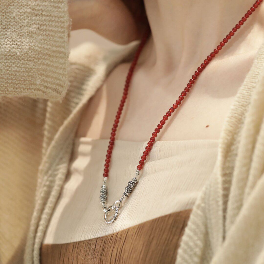 S925银红玛瑙圆珠做旧复古百搭民族风女款简约项链新中式 N18817