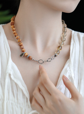 925银琥珀木圆珠椭圆黄水晶五条经文吊牌项链 N16797