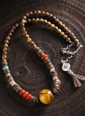 S925银玛瑙九九沉椅楠沉香隔片尼泊尔手工桶珠项链 N18747