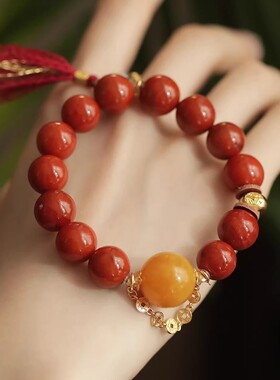 南红蜜蜡金色葫芦扎基拉姆五帝钱币链S925银手串红色民族风S12444