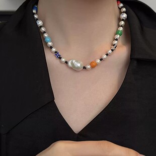 N18320 中古轻奢 链子925银随型巴洛克彩色滴釉四叶草项链时尚 个性