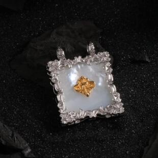 吊坠925银贝壳 白贝方形AB面童军花吊坠手工时尚百搭项坠 M8853