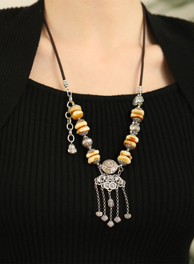 S925银彩绳流苏玛瑙圆珠莲花扣头黑色万能链小众延长链 N15110